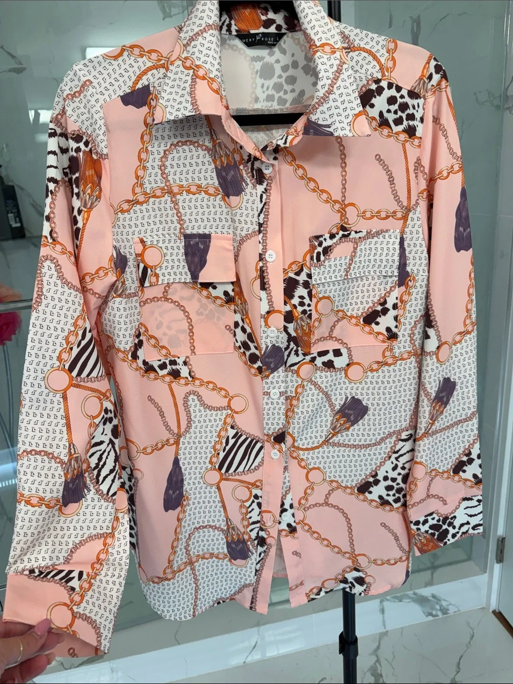 Silky Chain Print Button-Down Blouse - Pink Ptp 21” - Picture 1 of 10